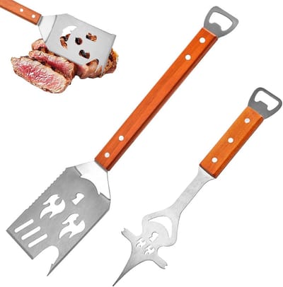 Grillgereedschap Set - Barbecue Tools - Buiten Koken - 8-in-1 Functies - 42 cm Spatel - Zilver Hout