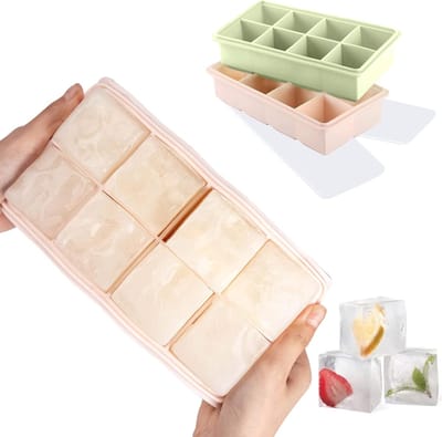 Famanu – Set van 2 XXL siliconen ijsblokjesvormen – Met deksel – BPA-vrij – 16 blokjes van 5 cm – Roze & groen