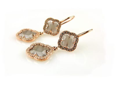 model Double Fiori klein gezet oorringen in zilver rozegoud verguld grijze steen en cubic zirconia