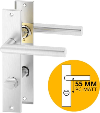 ERGO line Deurbeslag set Binnendeur - Bauhaus - Deurkruk Roestvrij Staal RVS - voor toilet/badkamer TL55-8 - deurklink met WC / badkamer slot, Deurklink met schild, langschild deurkrukset