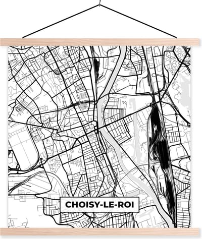 Posterhanger incl. Poster 40x40 cm - Schoolplaat - Kaart - Plattegrond - Frankrijk - Stadskaart - Choisy-le-Roi - Zwart wit - Textielposter - Blanke latten - Stadskaart