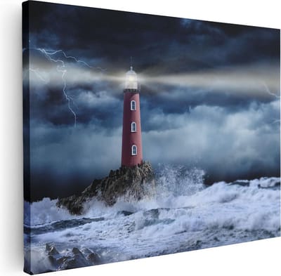 Artaza Canvas Schilderij Zee - 40x30 cm - Klein - Wanddecoratie Vuurtoren - Muurdecoratie Onweer - Schilderijen Op Canvas