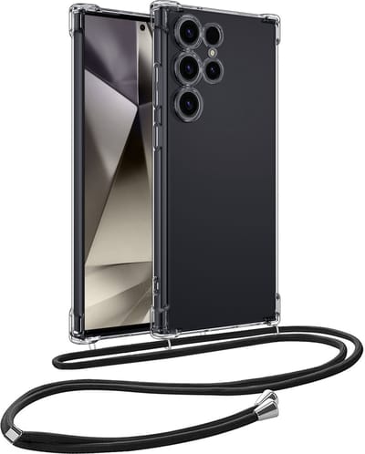 Hoesje - Geschikt voor Samsung Galaxy S24 Ultra - Met Koord - Shock Proof - Siliconen Case - Back Cover - Telefoonkoord - Telefoon Hoes Shockproof - Telefoonketting - Telefoonhoesjes - Transparant