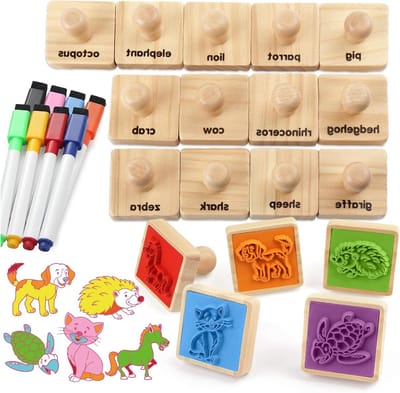 Houten stempels set met 20 dieren, kleuren en vormen voor DIY scrapbooking en kunstprojecten, perfect als feestfavorieten en cadeau's