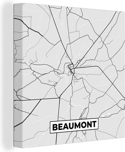 Canvas Schilderij Stadskaart – Plattegrond – België – Zwart Wit – Beaumont – Kaart - 20x20 cm - Wanddecoratie