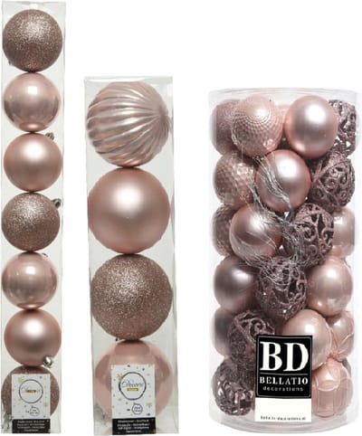 Kerstversiering kunststof kerstballen lichtroze 6-8-10 cm pakket van 59x stuks - Kerstboomversiering