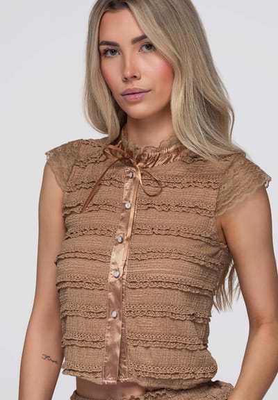 OMBRE Blouse - Slim Fit - Katoen - Korte Mouw Taupe M/L