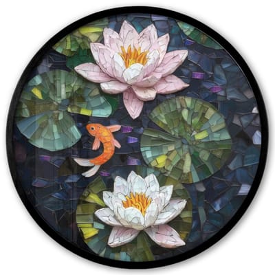 Poster in lijst Rond - Fotolijst 40x40 cm - Posters - Glasstukjes - Leliebladeren - Vis - Oranje - Ronde posterlijst zwart - Decoratie - Wanddecoratie woonkamer - Muurdecoratie slaapkamer