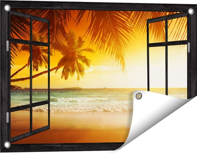 Gards Tuinposter Doorkijk Tropisch Strand tijdens Zonsondergang - 60x40 cm - Tuindoek - Tuindecoratie - Wanddecoratie buiten - Tuinschilderij