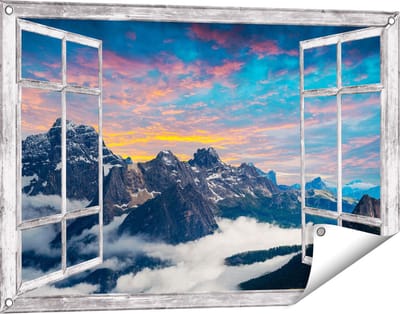 Gards Tuinposter Doorkijk Bergen Landschap met Wolken in Italië - 90x60 cm - Tuindoek - Tuindecoratie - Wanddecoratie buiten - Tuinschilderij