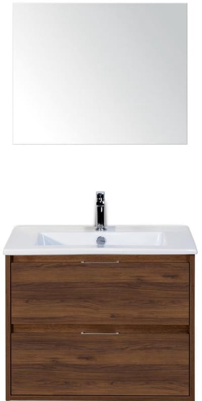 Porto Badmeubelset 70 cm - Walnoot - Keramische Wastafel Wit Slim met Spiegel