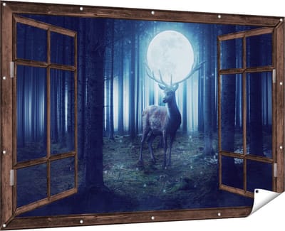 Gards Tuinposter Doorkijk Hert in het Bos tijdens Volle Maan - 180x120 cm - Tuindoek - Tuindecoratie - Wanddecoratie buiten - Tuinschilderij