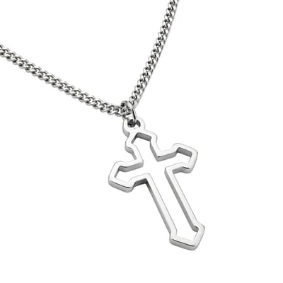 Zilverkleurige schakel ketting voor heren en dames met opengewerkte kruis hanger