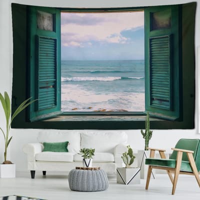 Raam Golven Landschap Wandtapijt Wanddecoratie Kunst Natuurlijk Hippie Tapiz Retro Eenvoudige Esthetiek Kamer Huis Decor 95x70CM gray