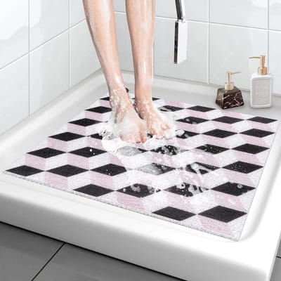 Vierkante douchemat, antislip, 61 x 61 cm, zachte comfortabele badmat met afvoergaten, PVC loofah massagebadmat voor douche, bad, badkamer, natte ruimtes, sneldrogend