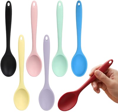 7 stuks siliconen lepels, kleurrijke siliconen keukenlepels, anti-aanbak, siliconen lepel om te koken, siliconen lepel klein, lange handgreep, roerlepel, voor koken, roeren, bakken
