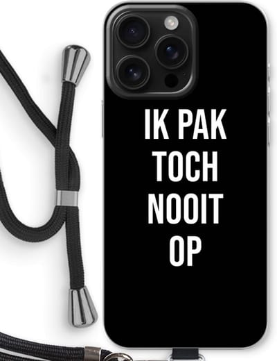 Case Company® - Hoesje met koord geschikt voor iPhone 16 Pro Max hoesje met Koord - Ik pak nooit op - Zwart - Telefoonhoesje met Zwart Koord - Bescherming aan alle Kanten en Over de Schermrand