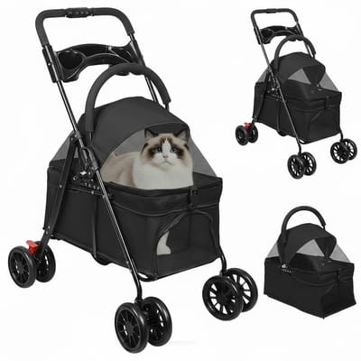 Zwarte 3-in-1 Opvouwbare Honden- & Kattenwagen – All-Terrain met Rem, Verstelbaar Handvat en Comfortabel Zitkussen