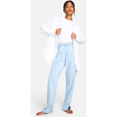 Dames Boohoo Basics hoge taille gespleten zoom rechte pijp jeans | Bleach Wash | Maat: 6/32L
