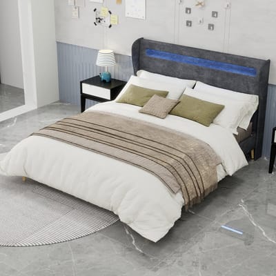 HAUSS SPOLE Gestoffeerd Bed 160x200 cm - Met Verstelbaar Hoofdbord En Led Verlichting - Stevig Laag Bedframe - Zonder Matras - Stof Metaal - Grijs
