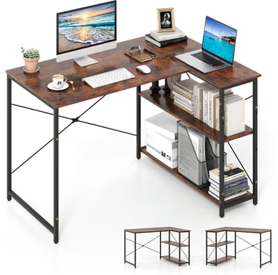 COSTWAY L-vormig bureau, omkeerbaar hoekbureau met verstelbaar rek en metalen frame, computertafel van hout, bureautafel, hoektafel voor thuis en kantoor, 118 x 86 x 74 cm (bruin)