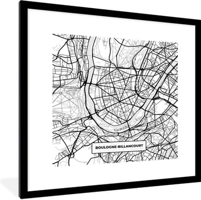 Fotolijst incl. Poster Zwart Wit- Frankrijk - Kaart - Plattegrond - Boulogne-Billancourt - Stadskaart - Zwart wit - 40x40 cm - Posterlijst