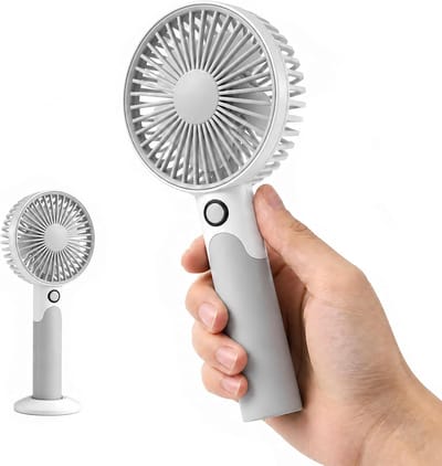 Draagbare handventilator, krachtige koelventilator met 6 snelheden, 2-in-1 bureau-/handventilator met oplaadbare USB-batterij, mini-persoonlijke ventilator met standaard, geschikt voor kantoor, reizen en kamperen (wit + grijs)