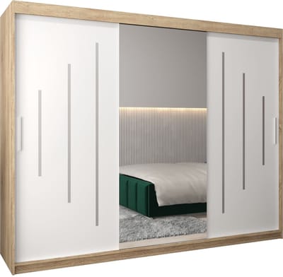 InspireMe - Kledingkast met 3 schuifdeuren, Modern-stijl, Een kledingkast met planken en een spiegel (BxHxD): 250x200x62 - MALTESE I 250 Sonoma Eik + Wit Mat