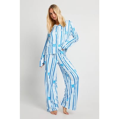 boohoo Dames Pyjama set met langmouw shirt en broek in strikprint | Blue | Maat: 14