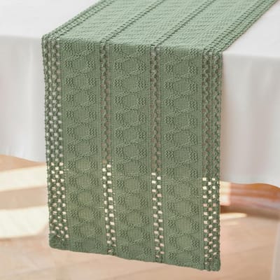 tafelloper, hak, saliegroen, boho, macramé, decoratieve tafelloper, modern, 30 x 183 cm, lente, katoen, linnen, landelijke stijl, afwasbaar, tafelloper, smal, voor keuken