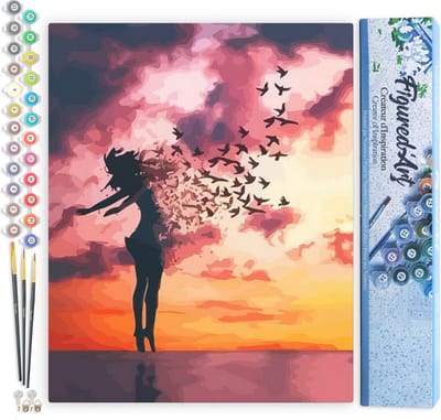 Figured'Art Schilderen op Nummer Volwassenen canvas Vrouwen en vogels bij zonsopgang - Handwerk acrylverf Kit DIY Compleet - 40x50cm zonder frame
