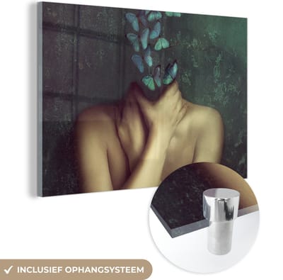 MuchoWow® Glasschilderij 120x80 cm - Schilderij acrylglas - Torso - Stilleven - Vlinders - Blauw - Foto op glas - Muurdecoratie woonkamer - Wanddecoratie slaapkamer - Schilderijen