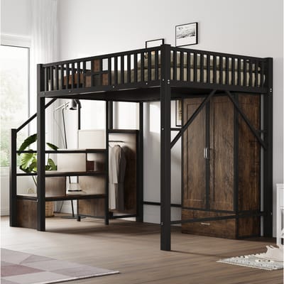 Zwart metalen hoogslaper 140x200 cm met houten en metalen leuningen, grote kast, laden en opbergladder