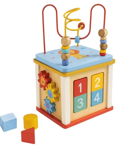 Eurekakids 5-in-1 Activiteitenkubus - Houten Speelkubus met Vormen en Verschillende Activiteiten voor Baby - Inclusief Kralenspiraal en Vormenstoof