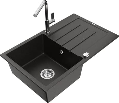 Mexen Bruno granieten spoelbak met 1 bak en afdruiprek en keukenkraan Flora, zwart/goud metallic - 6513-75-670401-00