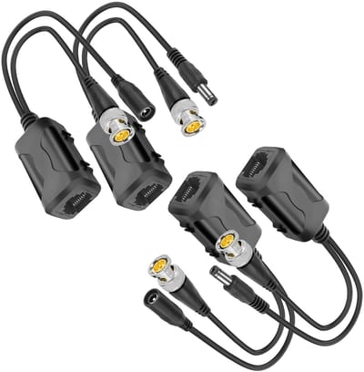 Passive Video Balun met Voedingsconnector en RJ45 Gegevenszender, BNC Twisted Pair voor 8MP HD CCTV Beveiligingssysteem (2 Pairs) - Ideaal voor Beveiligingscamera's en Video-overdracht