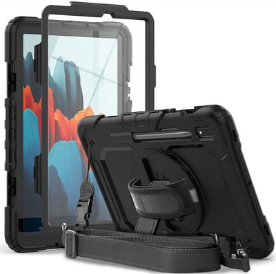 Hoes met ingebouwde Screenprotector | IGeschikt voor Samsung Galaxy Tab S7 | nclusief Handriem en Schouderriem | Extreme bescherming | Ideaal voor zakelijk gebruik