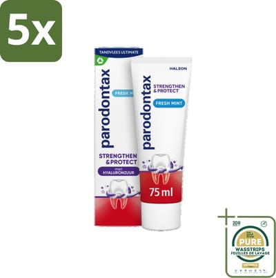5 x Parodontax - Tandpasta - Strengthen & Protect - Fresh Mint - 75 ml - Grootverpakking - Tandvleesbescherming - Tandvleesversterking - Hyaluronzuur - Fluoride - Tandplak