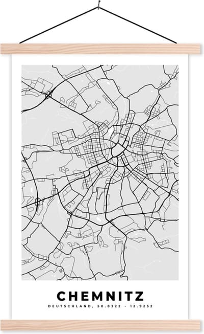 Posterhanger incl. Poster 40x60 cm - Schoolplaat - Stadskaart - Duitsland - Chemnitz - Plattegrond - Kaart - Textielposter - Blanke latten - Stadskaart