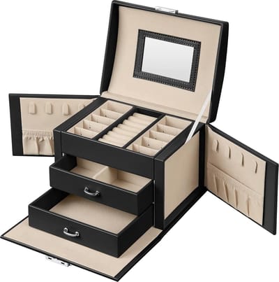 Sieradendoos 3 niveaus met handvat en 2 lades - sieraden opbergen voor op reis - modern cadeau-idee - klassiek zwart JBC154B01