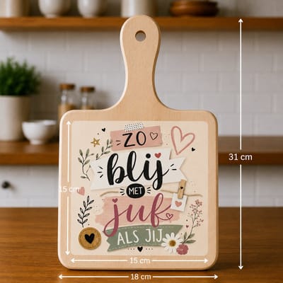 Kaasplank met Tegel Zo Blij met een Juf als Jij – Bedankcadeau voor Juf – Houten Serveerplank 18x31 cm met Tegel 15x15 cm