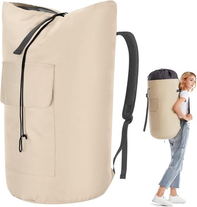 Thijox - Waszak XXL 115 liter - Opvouwbare waszak voor op reis - Kledingtas met 2 gevoerde schouderbanden - Beige - Ideaal voor vakantie, camping en t