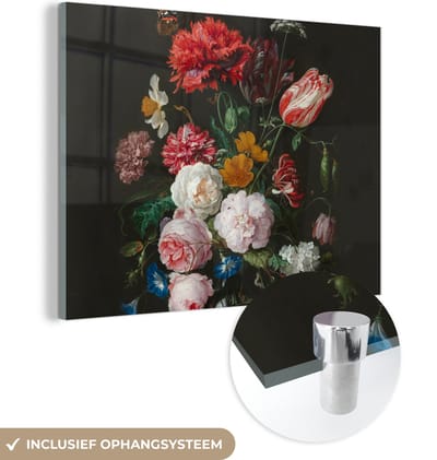 MuchoWow® Glasschilderij 160x120 cm - Schilderij acrylglas - Stilleven met bloemen in een glazen vaas - Schilderij van Jan Davidsz. de Heem - Foto op glas - Schilderijen