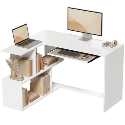 L-vormig hoekbureau wit - computerbureau met toetsenbordlade - opbergruimte en lades - 120x100 cm - Houtlook