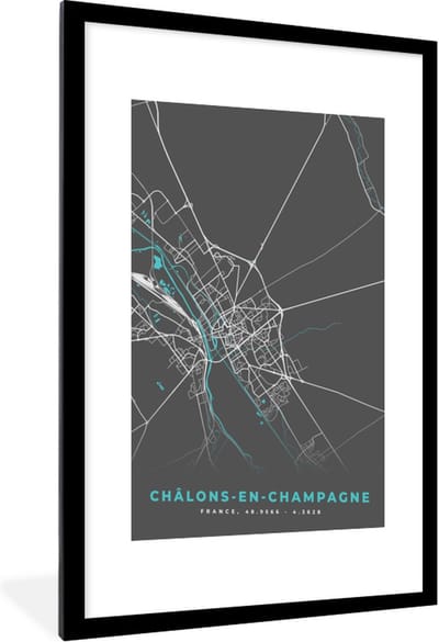 Fotolijst incl. Poster - Frankrijk - Châlons-en-Champagne - Stadskaart - Plattegrond - Kaart - 60x90 cm - Posterlijst