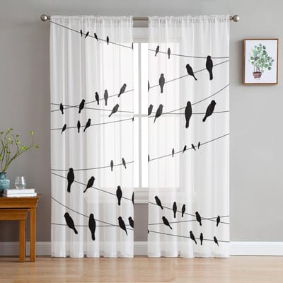 Gordijnen met dieren- en vogelmotief, zwart-wit, transparant voor de woonkamer, raamgordijnen, keukengordijnen, tule, voile en organza. W135 x H137cm x1