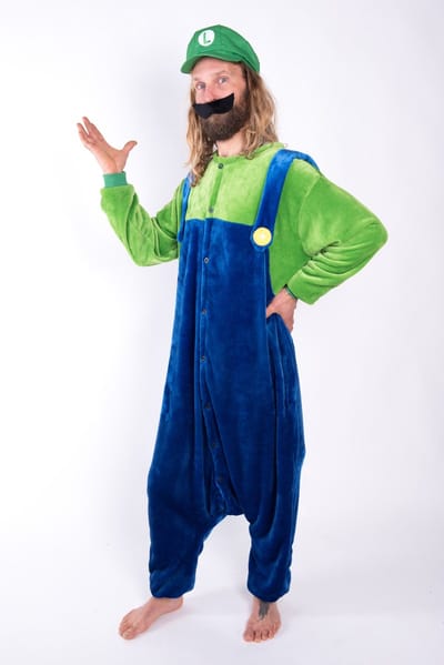 KIMU® Onesie Luigi Overall met Pet - Maat XS-S of 152-158 - Mario Pak Kostuum Jumpsuit - Super Huispak Fleece Pyjama Volwassenen Heren Dames Festival