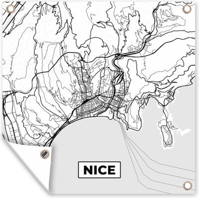 Tuin poster Kaart - Frankrijk - Nice - Stadskaart - Plattegrond - Zwart wit - 200x200 cm - Tuindoek
