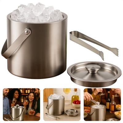 Cheqo® Dubbelwandige IJsemmer - IJsemmer Met Tang - Roestvrijstaal IJsemmer - IJsemmer Met Deksel - Thuisbar Accessoire - Feestjes IJsemmer - Siliconen Rand Deksel - IJsblokjesemmer - 15 cm Diameter - 18 cm Hoogte - Zilveren IJsemmer