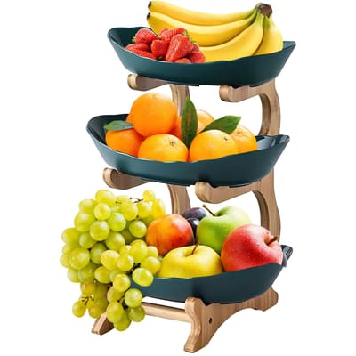 Panier à fruits à 3 niveaux pour la cuisine, bol à fruits en plastique avec support en bois de bambou, installation facile à 3 niveaux Plastic Tray vert foncé